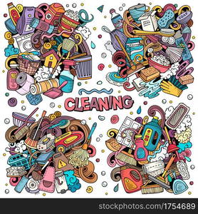 Cleaning cartoon vector doodle designs set. Colorful detailed compositions with lot of clean up objects and symbols. All items are separate. Cleaning cartoon vector doodle designs set.