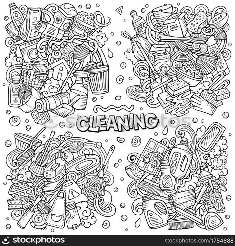 Cleaning cartoon vector doodle designs set. Line art detailed compositions with lot of clean up objects and symbols. All items are separate. Cleaning cartoon vector doodle designs set.