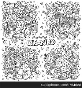 Cleaning cartoon vector doodle designs set. Line art detailed compositions with lot of clean up objects and symbols. All items are separate. Cleaning cartoon vector doodle designs set.