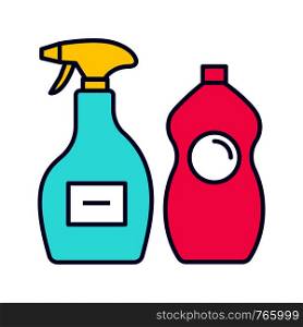 Cleaning chemicals color icon. Window cleaner, dishwash liquid. Cleaning products for bathroom, kitchen, toilet. Tile, shower tub cleaner. Isolated vector illustration. Cleaning chemicals color icon