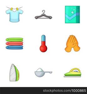Cleaning clothes icons set. Cartoon set of 9 cleaning clothes vector icons for web isolated on white background. Cleaning clothes icons set, cartoon style