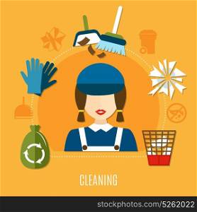 Cleaning Company Circle Composition. Garbage composition with uniformed charwoman female character cleaning equipment and waste icons with no littering pictograms vector illustration