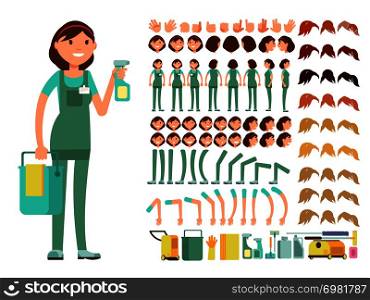 Cleaning company employee. Woman cleaner vector character. Creation constructor with big set of body parts for animation. Workwear worker, leg and arm gesture illustration. Cleaning company employee. Woman cleaner vector character. Creation constructor with big set of body parts for animation
