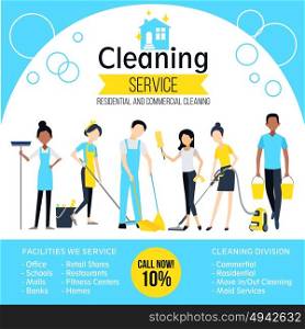 Cleaning Company Poster. Cleaning company poster with workers and different services in flat style vector illustration