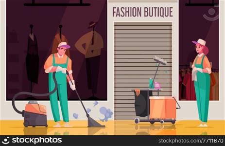 Cleaning composition with view of fashion boutique store front with human characters of cleaners in uniform vector illustration. Shop Cleaning Doodle Composition
