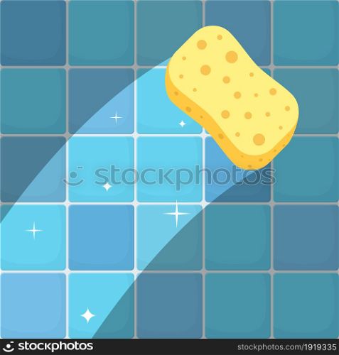 Cleaning concept trace yellow sponge on a dirty wall tiles in bathroom or kitchen. Cleaning service. Kitchenware scouring pads.Vector illustration in flat style. Cleaning concept trace yellow sponge