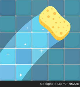 Cleaning concept trace yellow sponge on a dirty wall tiles in bathroom or kitchen. Cleaning service. Kitchenware scouring pads.Vector illustration in flat style. Cleaning concept trace yellow sponge