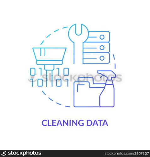 Cleaning data blue gradient concept icon. Artificial intelligence. Problem solving step in machine learning abstract idea thin line illustration. Isolated outline drawing. Myriad Pro-Bold font used. Cleaning data blue gradient concept icon