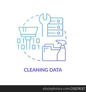 Cleaning data blue gradient concept icon. Artificial intelligence. Problem solving step in machine learning abstract idea thin line illustration. Isolated outline drawing. Myriad Pro-Bold font used. Cleaning data blue gradient concept icon