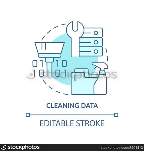Cleaning data turquoise concept icon. Problem solving step in machine learning abstract idea thin line illustration. Isolated outline drawing. Editable stroke. Arial, Myriad Pro-Bold fonts used. Cleaning data turquoise concept icon