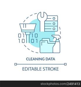Cleaning data turquoise concept icon. Problem solving step in machine learning abstract idea thin line illustration. Isolated outline drawing. Editable stroke. Arial, Myriad Pro-Bold fonts used. Cleaning data turquoise concept icon