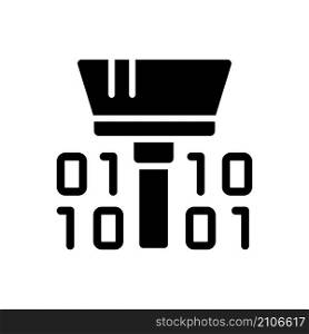 Cleaning dataset tool black glyph icon. Safe data mining. Checkup of database. Analyzing information. Binary code and broom. Silhouette symbol on white space. Vector isolated illustration. Cleaning dataset tool black glyph icon