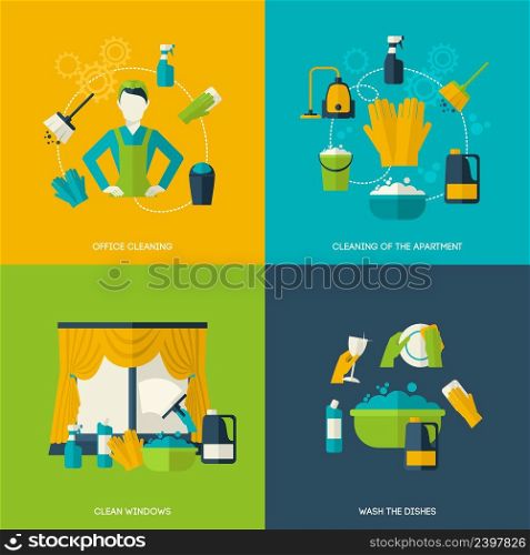 Cleaning design concept with office apartment windows dishes flat icons set isolated vector illustration. Cleaning Flat Set
