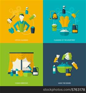 Cleaning design concept with office apartment windows dishes flat icons set isolated vector illustration