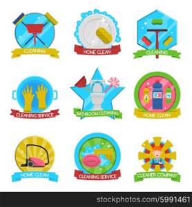 Cleaning Emblems Set . Cleaning emblems set with cleaning service and company symbols flat isolated vector illustration