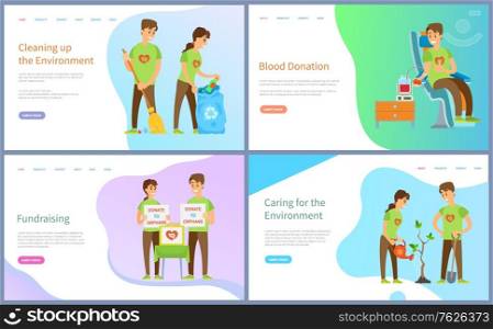 Cleaning environment vector, people with bags and rubbish, blood donation and charity, growing tree and blood donation of male volunteers. Website or slider app, landing page flat style. Fundraising and Blood Donation, Cleaning Website