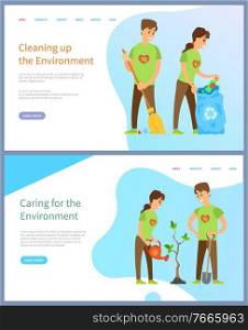 Cleaning environment vector, volunteering man and woman with bag full of waste, growing tree and watering plant, social workers helping planet. Website or slider app, landing page flat style. Cleaning Environment, People Helping Ecology Web