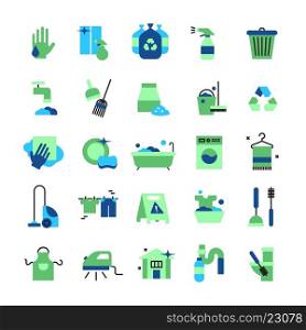 Cleaning Flat Color Icons Set. Cleaning flat color icons set of household items with vacuum cleaner iron bucket rubber gloves mop brush and broom isolated vector illustration