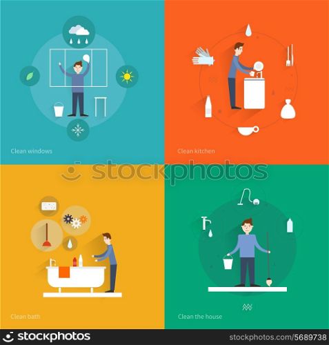 Cleaning flat icons set with windows kitchen bath house isolated vector illustration