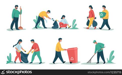 Cleaning garbage. Cartoon characters sorting and recycling waste and trash, collecting rubbish. Vector people picking up litter, nature outdoors cleaning for separation and recycled. Cleaning garbage. Cartoon characters sorting and recycling waste and trash, collecting rubbish. Vector people picking up litter