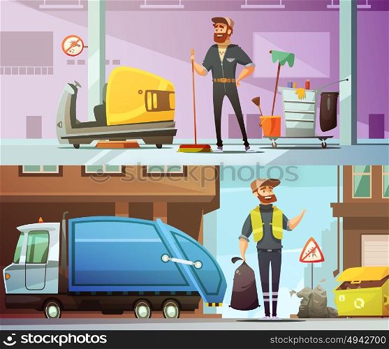 Cleaning Garbage Collecting Cartoon Banners Set. Professional cleaning and garbage collecting service at work 2 horizontal cartoon banners set abstract isolated vector illustration