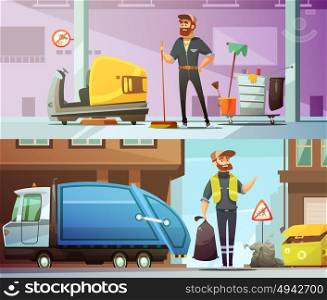 Cleaning Garbage Collecting Cartoon Banners Set. Professional cleaning and garbage collecting service at work 2 horizontal cartoon banners set abstract isolated vector illustration