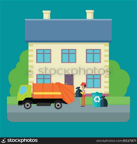 Cleaning Garbage From the City Streets Vector.. Cleaning garbage from the city streets vector illustration. Flat design. Garbage truck takes trash bags near beautiful house. Municipal utilities work illustrating. Waste sorting and recycling.. Cleaning Garbage From the City Streets Vector.