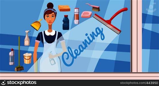 Cleaning girl banner horizontal concept. Cartoon illustration of cleaning girl banner horizontal vector concept for web. Cleaning girl banner horizontal, cartoon style