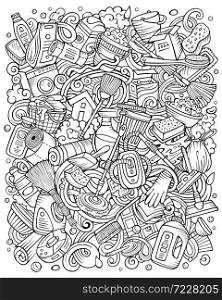 Cleaning hand drawn vector doodles illustration. Cleanup poster design. Clean elements and objects cartoon background. Sketchy funny picture. Cleaning hand drawn vector doodles funny illustration.