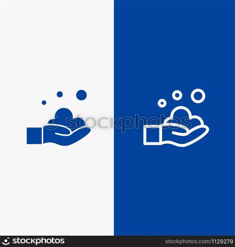 Cleaning, Hand, Soap, Wash Line and Glyph Solid icon Blue banner Line and Glyph Solid icon Blue banner