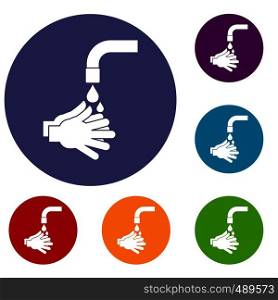 Cleaning hands icons set in flat circle red, blue and green color for web. Cleaning hands icons set