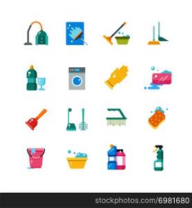 Cleaning home services and household tools isolated vector flat icons. Chemical detergent for housekeeping and disinfectant illustration. Cleaning home services and household tools isolated vector flat icons