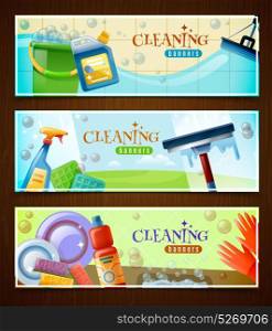 Cleaning Horizontal Banners Set. Set of horizontal banners with floor cleaning washing of windows and sparkling tableware isolated vector illustration