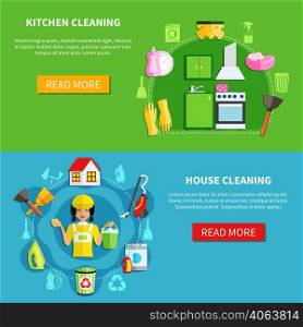Cleaning horizontal banners set with professional house washing equipment with editable text and read more button vector illustration. Clean The House Banners