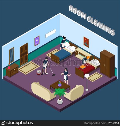 Cleaning Hotel Room Isometric Design. Cleaning hotel room isometric design with team of maids interior elements on dark background 3d vector illustration