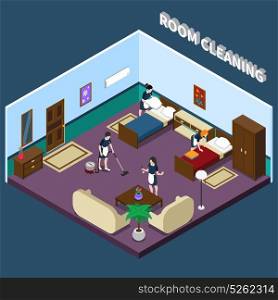 Cleaning Hotel Room Isometric Design. Cleaning hotel room isometric design with team of maids interior elements on dark background 3d vector illustration