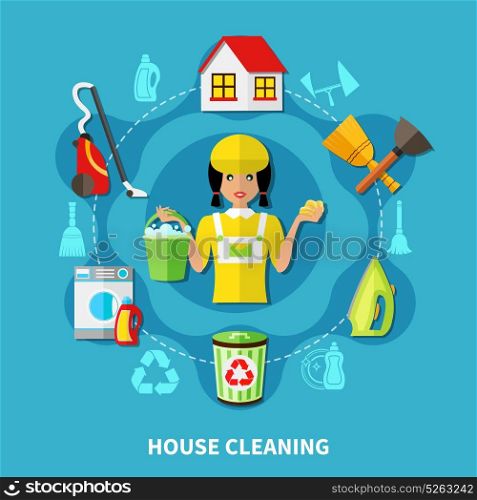 Cleaning House Round Composition. Doodle style background with round composition of charwoman character and flat icons of house cleaning facilities vector illustration
