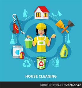 Cleaning House Round Composition. Doodle style background with round composition of charwoman character and flat icons of house cleaning facilities vector illustration