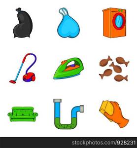 Cleaning house service icon set. Cartoon set of 9 cleaning house service vector icons for web design isolated on white background. Cleaning house service icon set, cartoon style