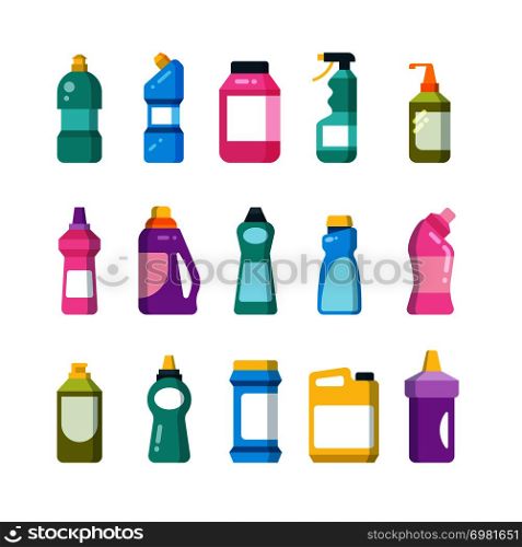 Cleaning household products. Chemical cleaners bottles. Sanitary containers vector set. Chemical sanitary container plastic for disinfectant bathroom illustration. Cleaning household products. Chemical cleaners bottles. Sanitary containers vector set