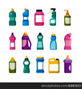Cleaning household products. Chemical cleaners bottles. Sanitary containers vector set. Chemical sanitary container plastic for disinfectant bathroom illustration. Cleaning household products. Chemical cleaners bottles. Sanitary containers vector set