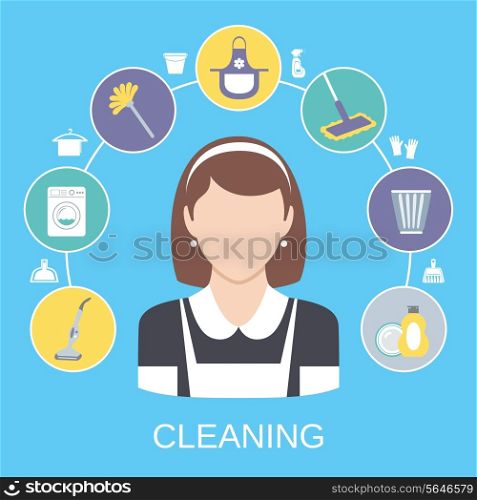Cleaning household service maid icons composition with dish detergent vacuum cleaner abstract solid isolated vector illustration