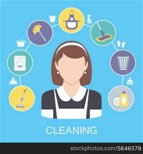 Cleaning household service maid icons composition with dish detergent vacuum cleaner abstract solid isolated vector illustration