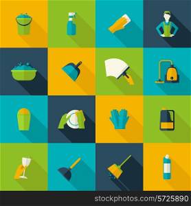 Cleaning icon flat set isolated with windows dishes floor washing isolated vector illustration