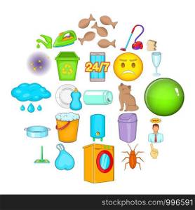 Cleaning icons set. Cartoon set of 25 cleaning vector icons for web isolated on white background. Cleaning icons set, cartoon style