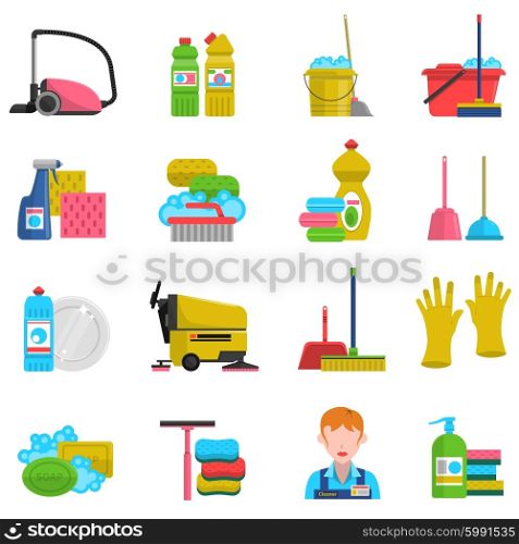 Cleaning Icons Set . Cleaning icons set with mop soap and gloves flat isolated vector illustration