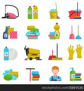 Cleaning Icons Set . Cleaning icons set with mop soap and gloves flat isolated vector illustration