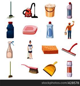 Cleaning icons set detergents. Cartoon illustration of 16 cleaning vector icons for web. Cleaning icons set detergents, cartoon style