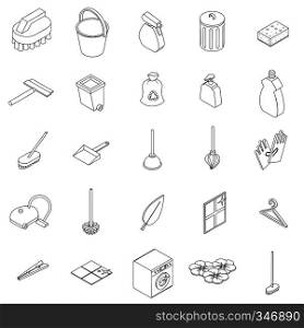 Cleaning icons set in isomeric 3d style isolated on white. Cleaning icons set