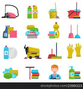 Cleaning icons set with mop soap and gloves flat isolated vector illustration . Cleaning Icons Set